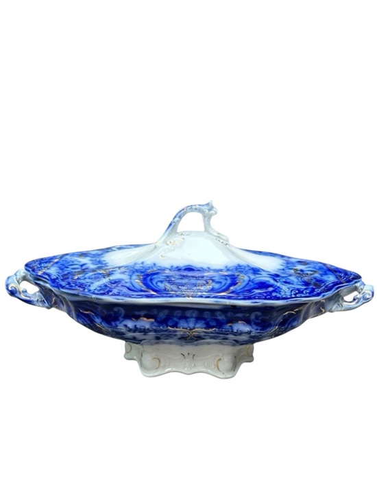 Wood & Son Other - RARE Wood & Sons Antique Flow Blue "Lakewood" Footed Covered Dish 1891-1907